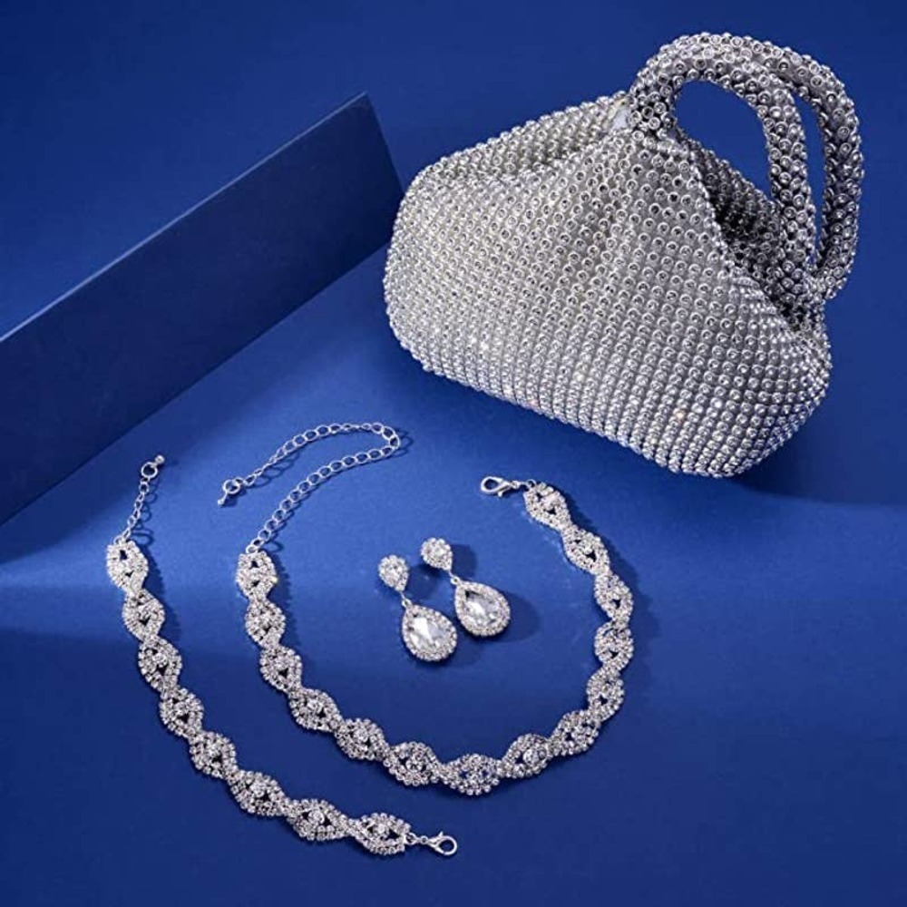Silver Crystal Necklace Set Cubic Rhinestone Necklace Bracelet Earrings Handbag